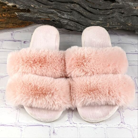 LOFT Fuzzy Faux Fur Double Strap Slippers (Size: M 7-8) - Picture 2 of 7